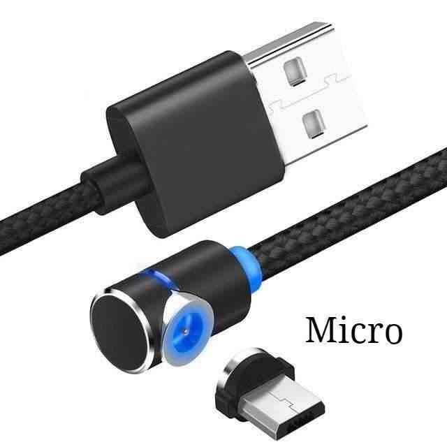 Black braided magnetic charging cable with USB-A plug and micro USB charging tip