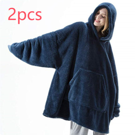 Navy blue fleece hoodie with large kangaroo pocket and hood, oversized drop-shoulder