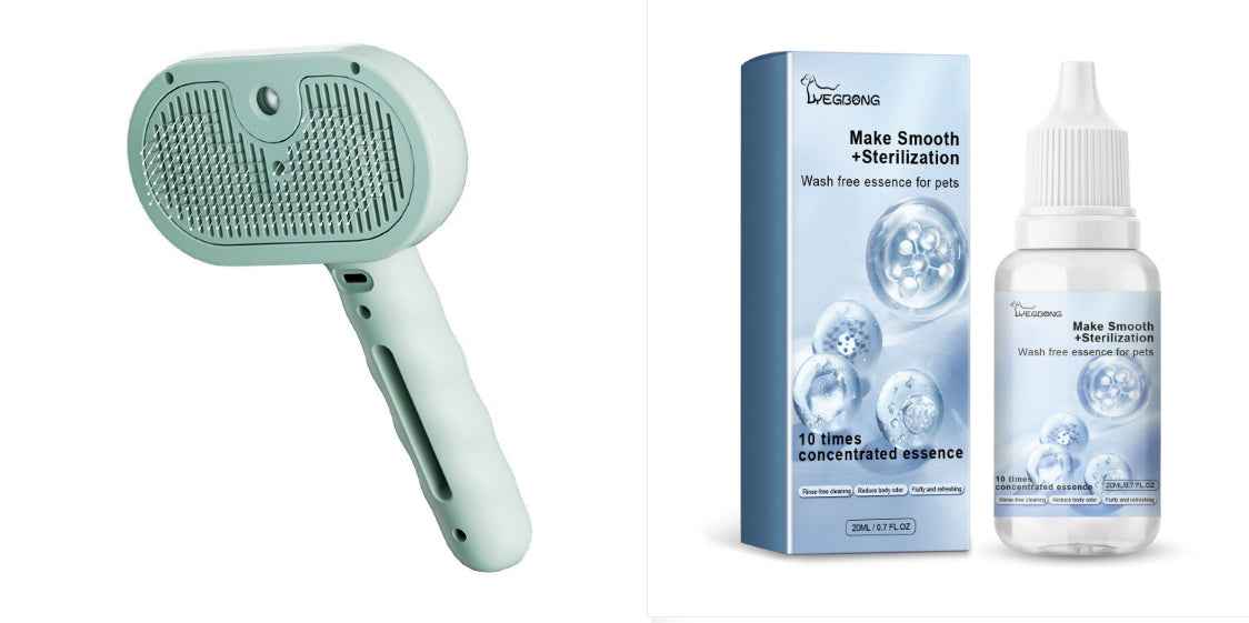 Pet grooming hair remover brush with mint handle and spray bottle kit
