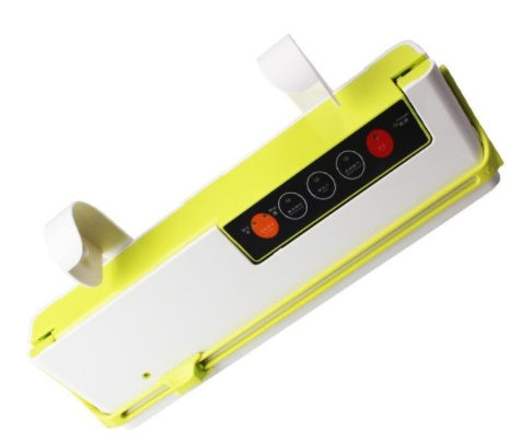 Vacuum sealer packaging machine, lime green and black with control panel and bag guides