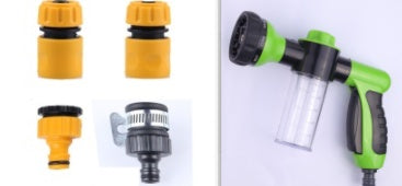 Green foam spray gun with clear bottle and black spray head, shown with small accessories