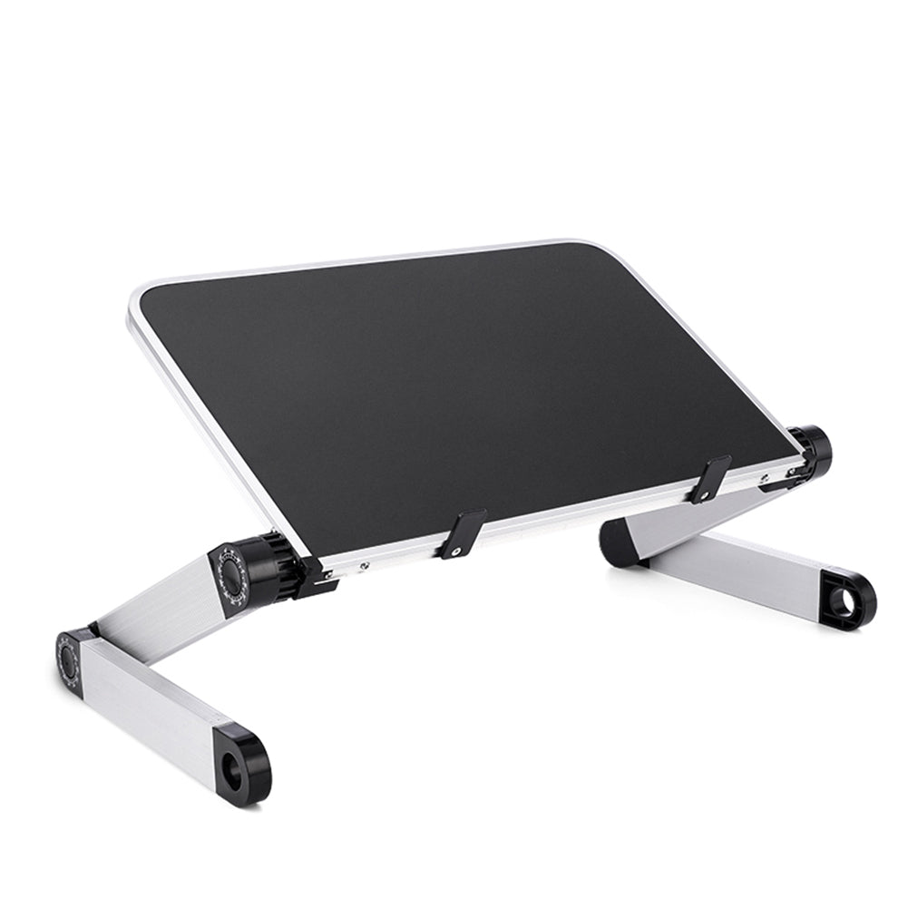 Black-top foldable laptop stand with white frame and adjustable tilt legs