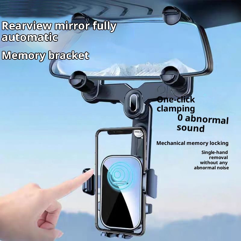 Black clip-on rearview mirror phone holder with clamp and automatic-lock cradle