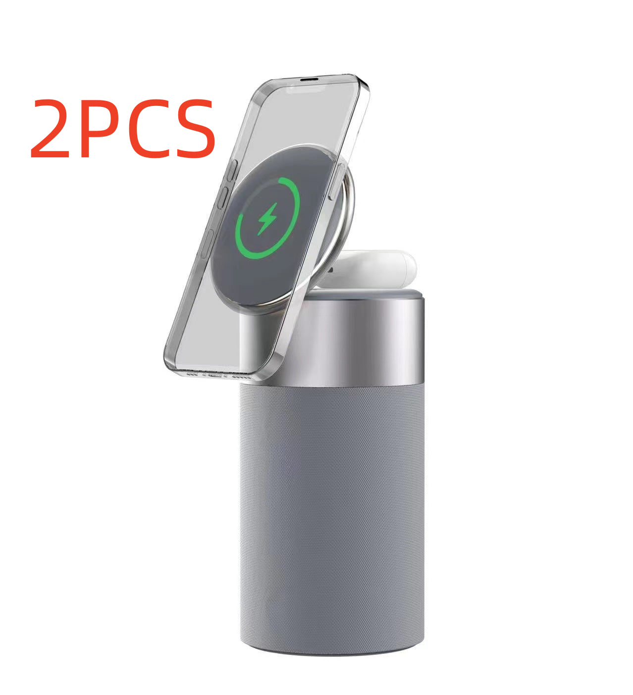3-in-1 wireless charger speaker with lamp, phone and earbuds on dock, grey cylinder base