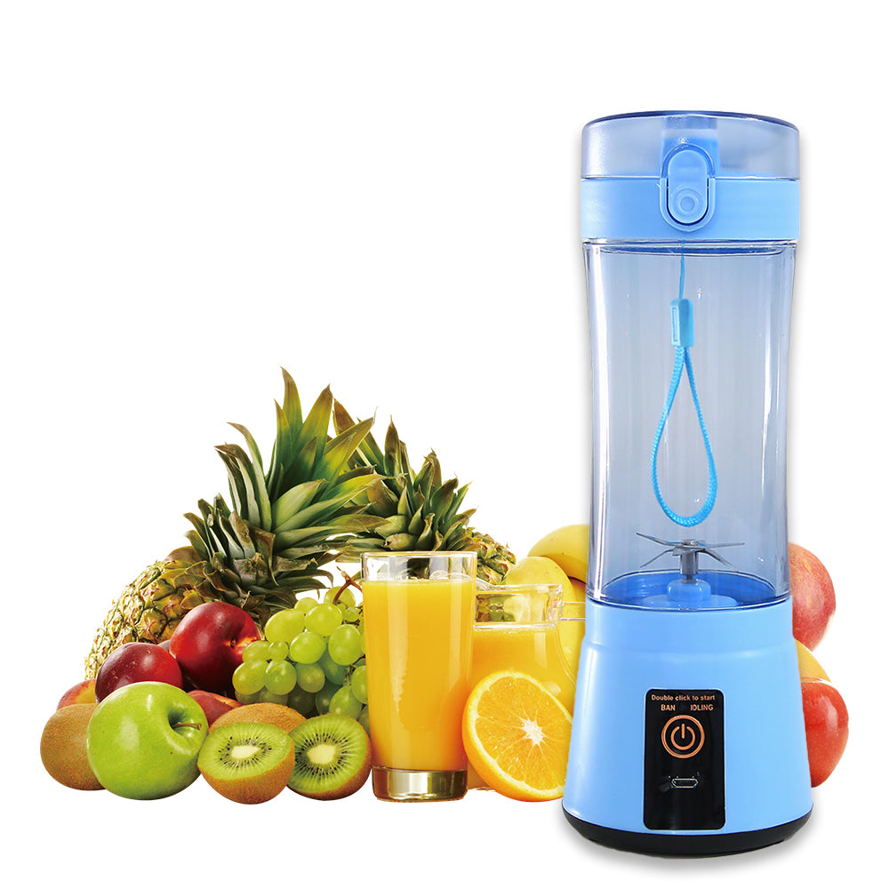 Blue portable electric fruit juicer with clear blending cup and blue mixing whisk