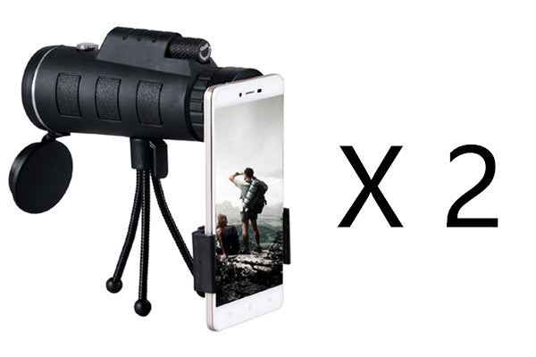 Monocular telescope with phone clip on tripod, black scope and lens cap