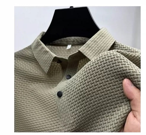 Men's textured mesh polo shirt in light beige, short sleeves and button placket