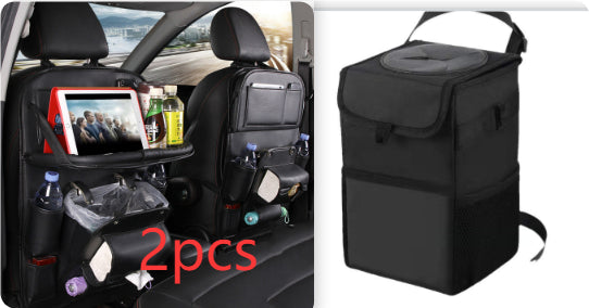 Black PU leather seat-back storage bag with top handle and hanging strap