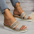 Plus size rope-bottom peep toe platform sandals, beige crochet cross strap and espadrille sole