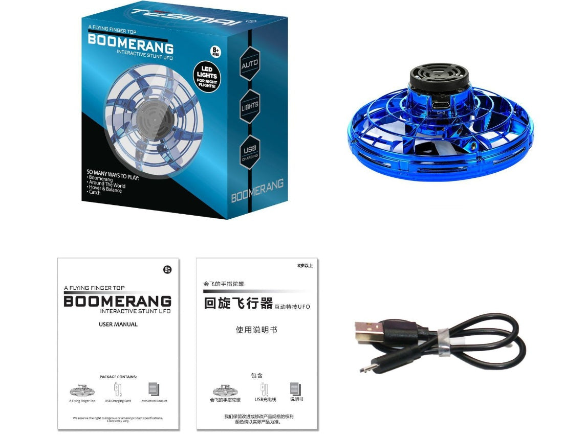Blue LED UFO fingertip spinning toy drone, retail box and USB charging cable