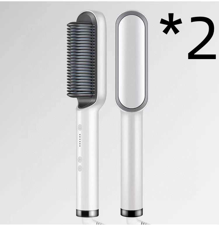 White electric hair straightener brush and oval curling tong attachment, set