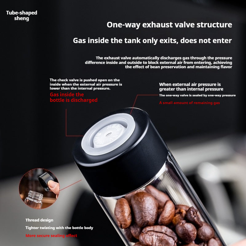 Coffee bean portioning bottle with one-way valve, filled with coffee beans.