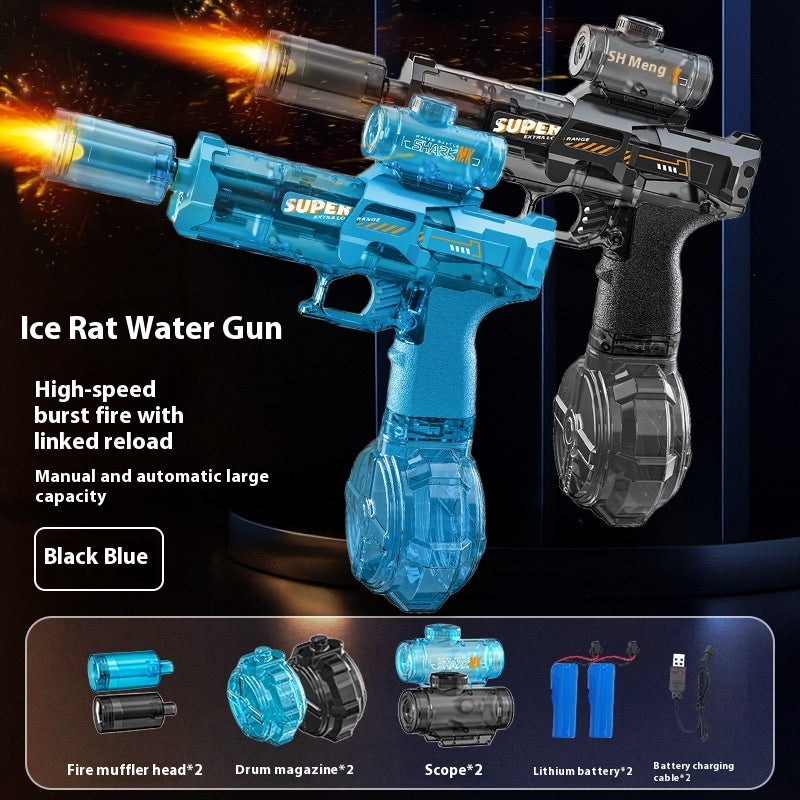 Electric water gun with blue body and clear drum magazine