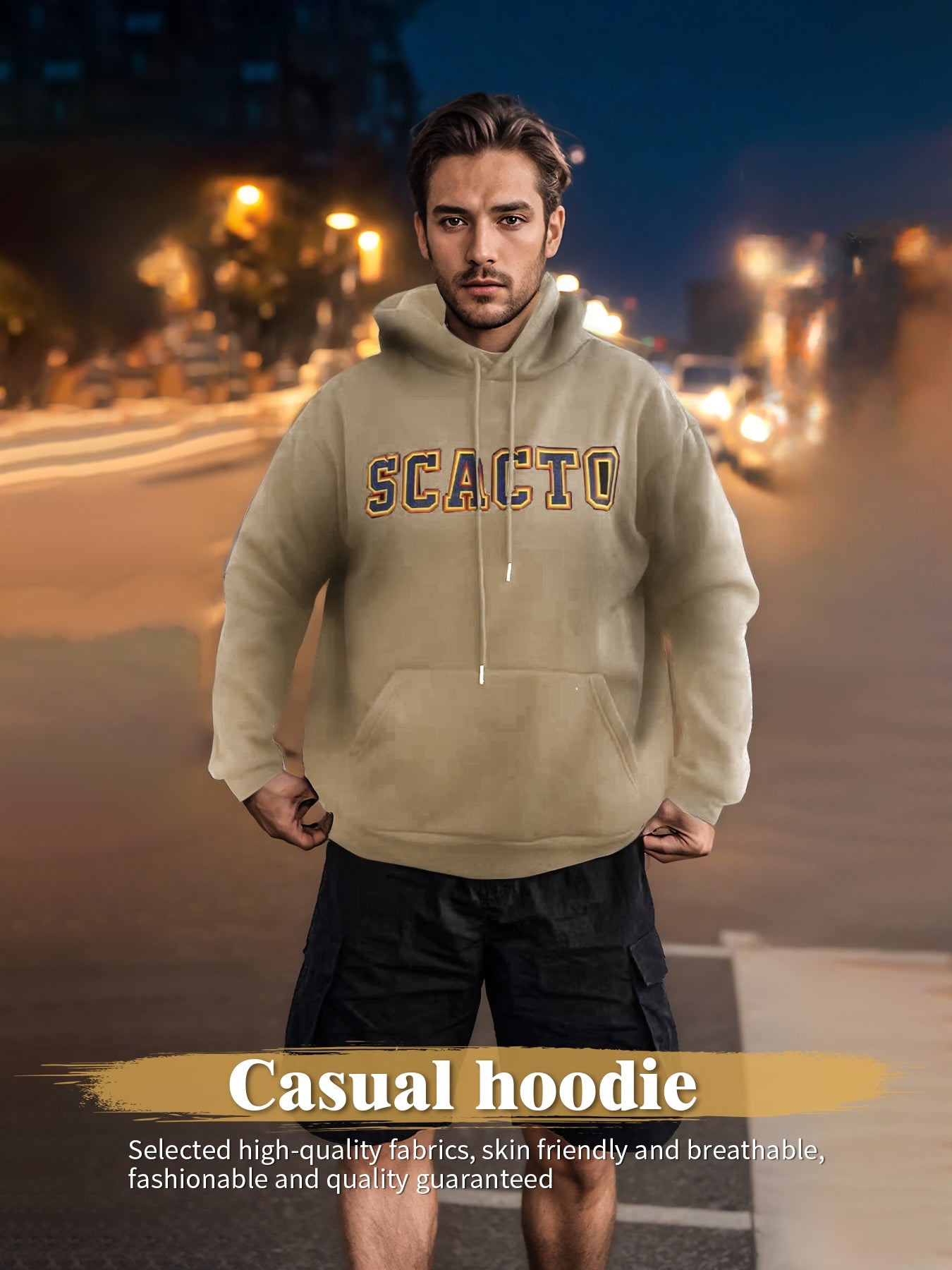 Khaki long-sleeve printed hoodie with hood, drawstrings, and front SCAGTO graphic.