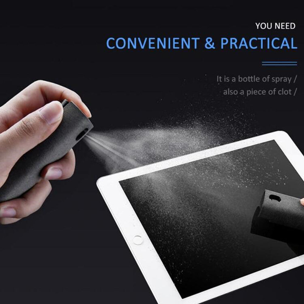 Screen cleaner spray bottle with gray microfiber cloth, held near a tablet display
