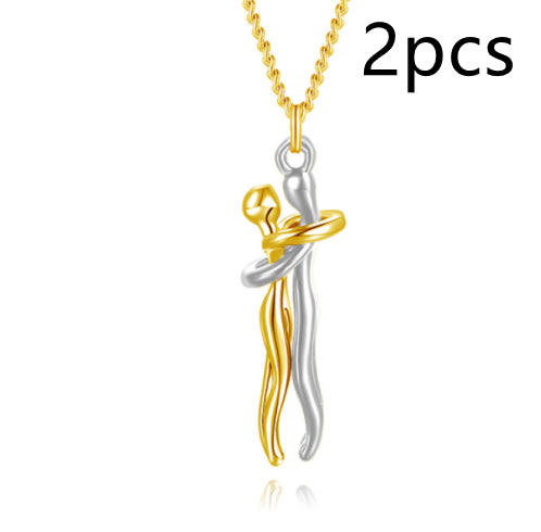 Gold-tone hug pendant necklace with two linked chain styles, unisex.