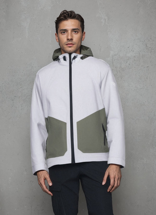 Men’s assault suit jacket, white with military green panels and black zip, hooded
