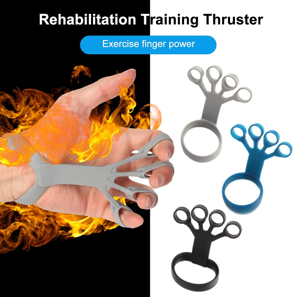 Silicone finger exercise stretcher set with multiple loop rings, shown in gray and blue