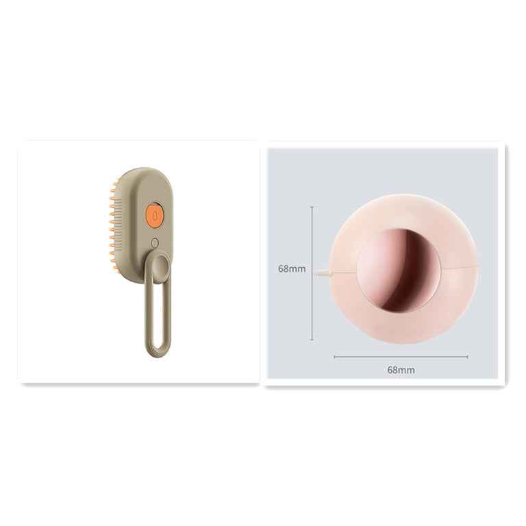 Olive-gray electric pet steam brush with orange button, rounded head on a long handle.