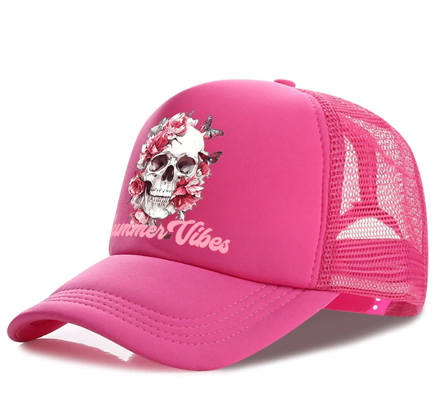 Men's casual baseball cap, pink front with skull floral graphic and pink mesh sides
