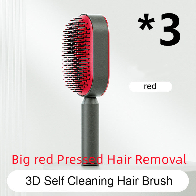 Self-cleaning hair brush with dark handle, red head, black bristles