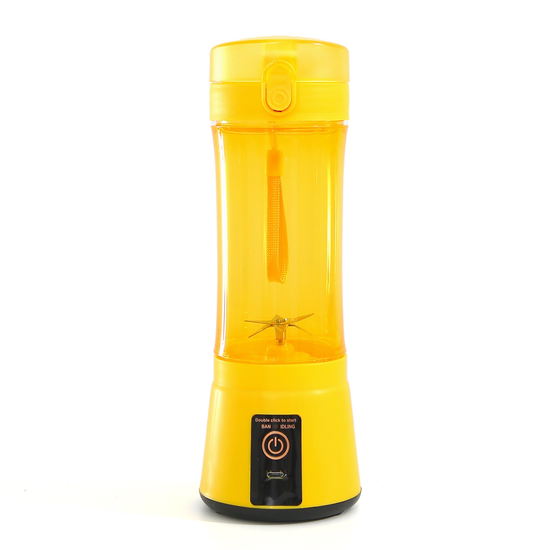 Yellow portable electric fruit juicer with clear blending cup and yellow lid