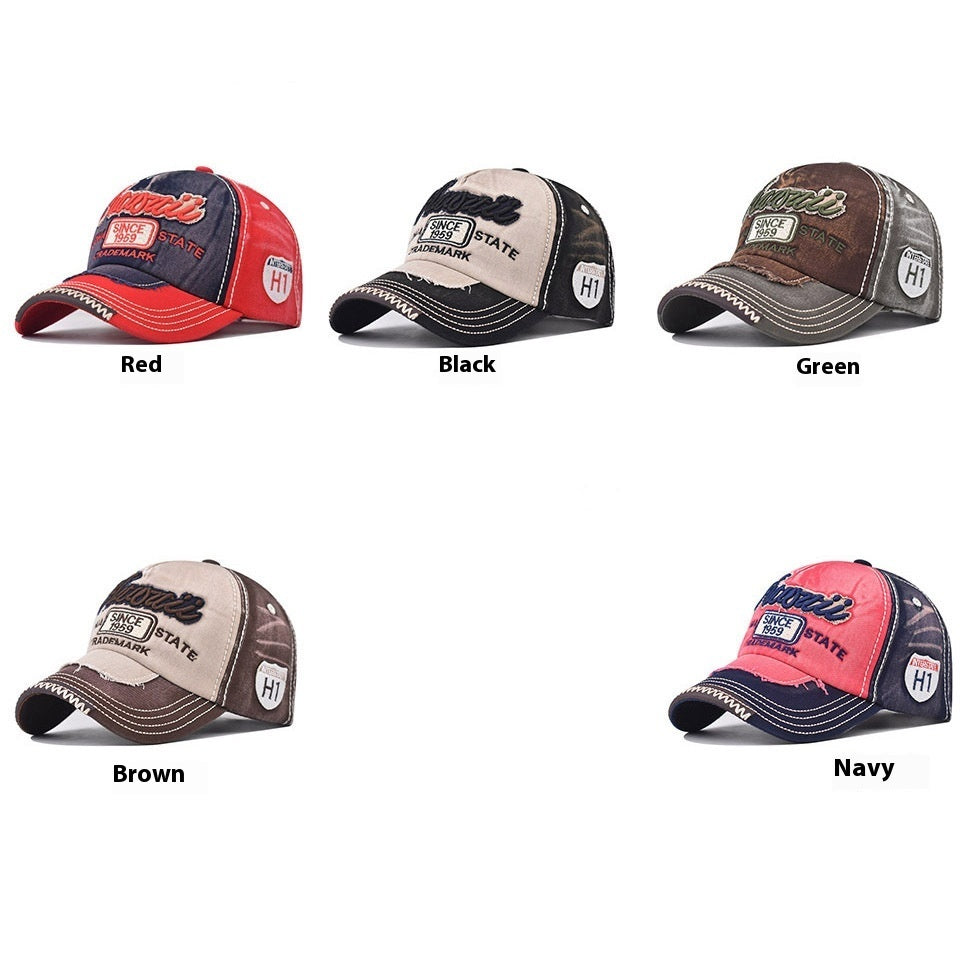 Set of five baseball caps in red, black, green, brown, and navy with embroidered logos