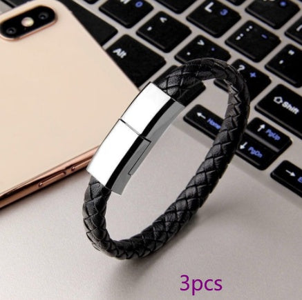Black braided charging cable bracelet with silver metal clasp and USB connector