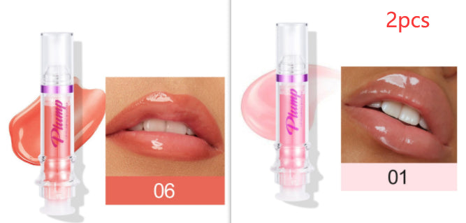 2-pack glossy lip color tubes with coral shade 06 and nude pink shade 01 swatches