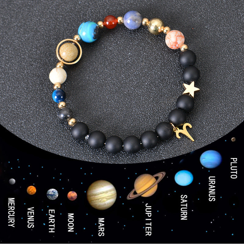 Zodiac beaded bracelet with black matte beads, colorful stone beads, and gold star charm