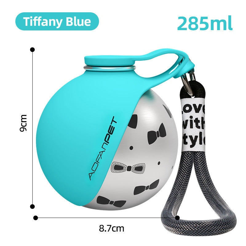 Tiffany Blue stainless steel pet water bottle with handle and black strap pouch.