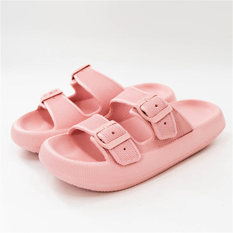 Pink thick-soled EVA slide sandals with two adjustable buckle straps