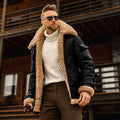 Men's winter jacket with fur-lined cuffs, dark coat, zip closure and stand collar