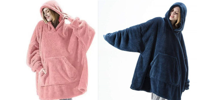 Fleece hoodie sweatshirt with hood and kangaroo pocket in pink and navy blue