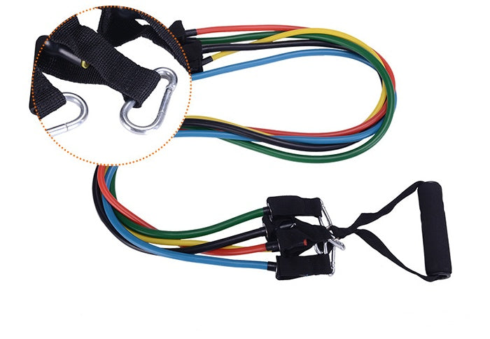 Portable fitness rally resistance band set with multicolor elastic loops and black padded handles