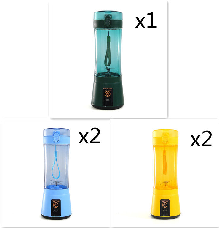 Portable mini blender set with teal, blue, and yellow clear cups and black bases