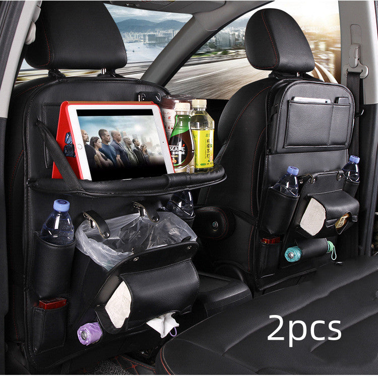 PU leather car seat back storage organizers, black 2pcs with front panel pockets and straps