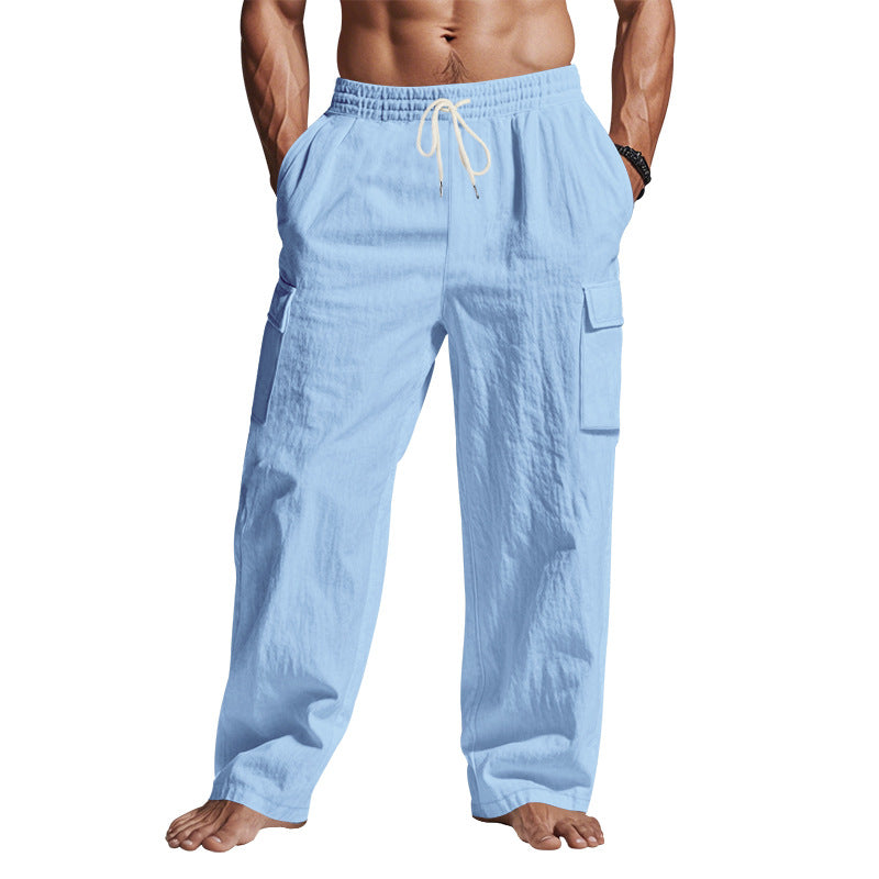 Light blue linen cargo pants with elastic drawstring waist and side leg pockets