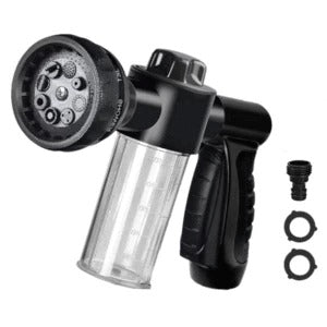 Foam spray gun with clear canister, round nozzle head, and black trigger grip