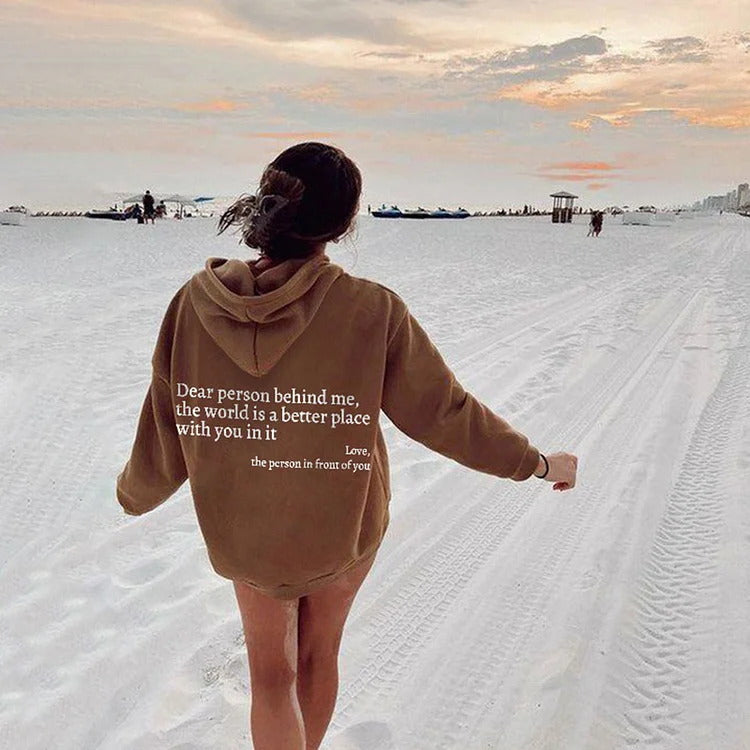 Tan plush letter-print kangaroo-pocket hoodie, back view with hood and drawstring