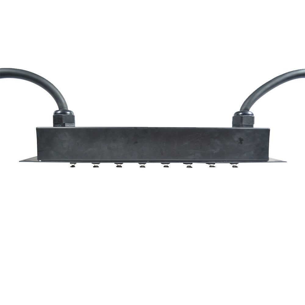 Black rack-mount audio splitter snake panel with multiple connector openings