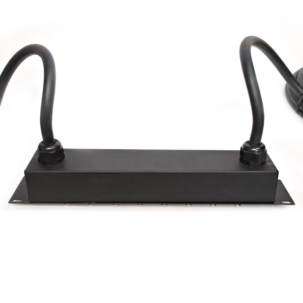 Black rack-mount audio splitter snake panel with two secured cable loops