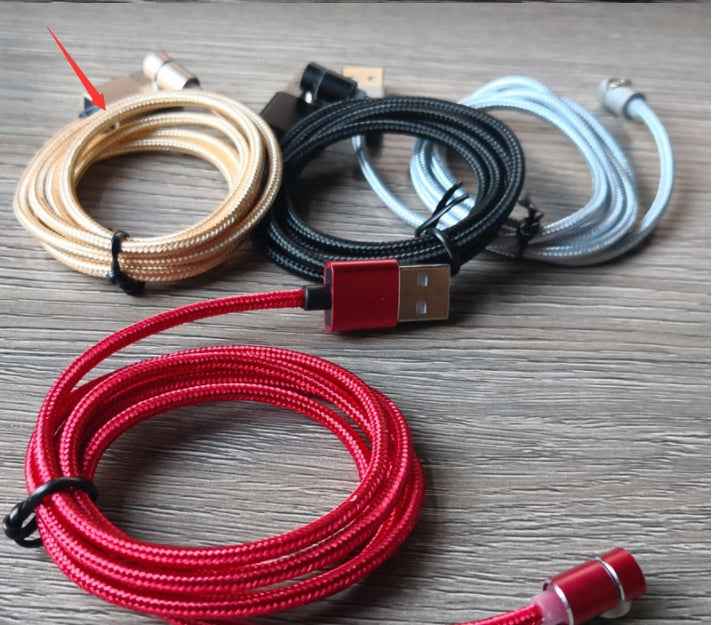 Braided magnetic charging cable set with red, gold, and black cords and USB connector