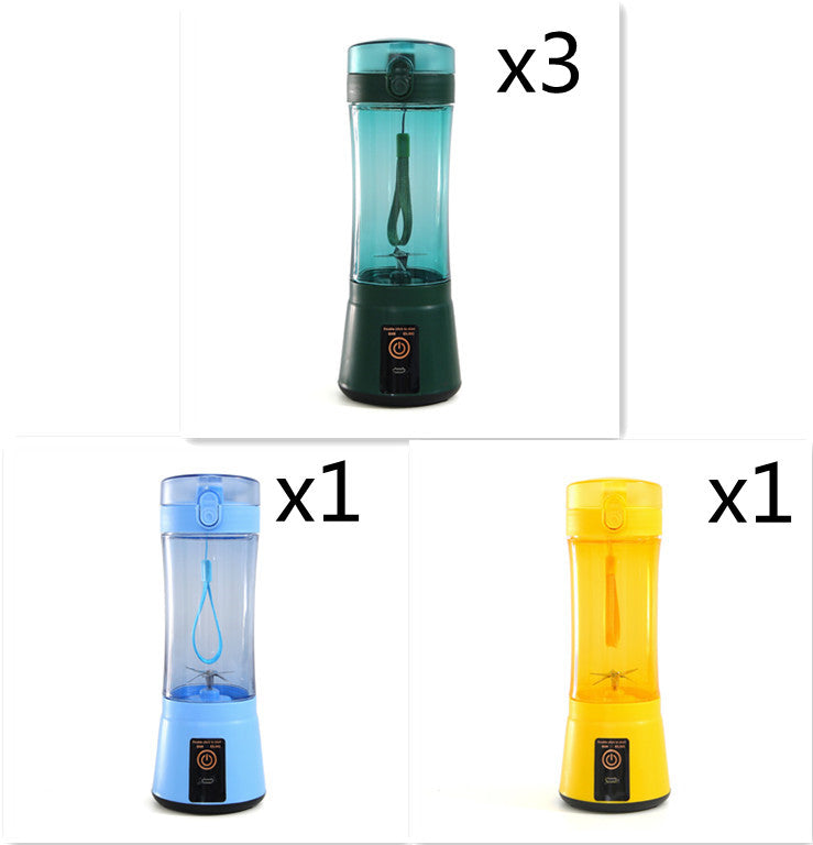 Portable electric fruit juicer mini blender set with teal, light blue, and yellow containers