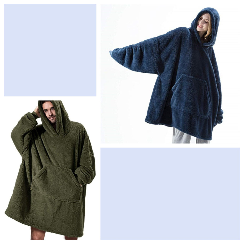 Dark blue fleece hoodie sweatshirt with large kangaroo pocket and hood, loose fit