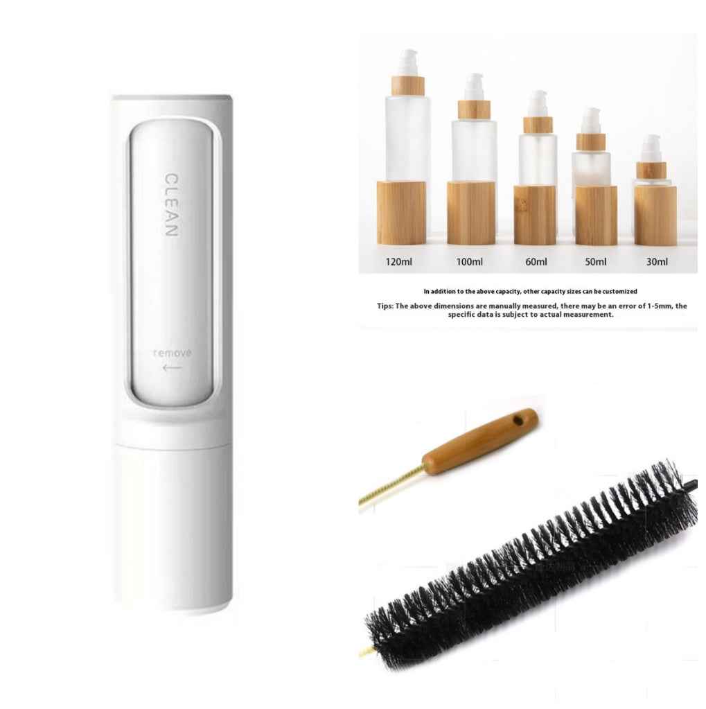 Reusable pet hair remover lint roller set with included brushes and bottles, white