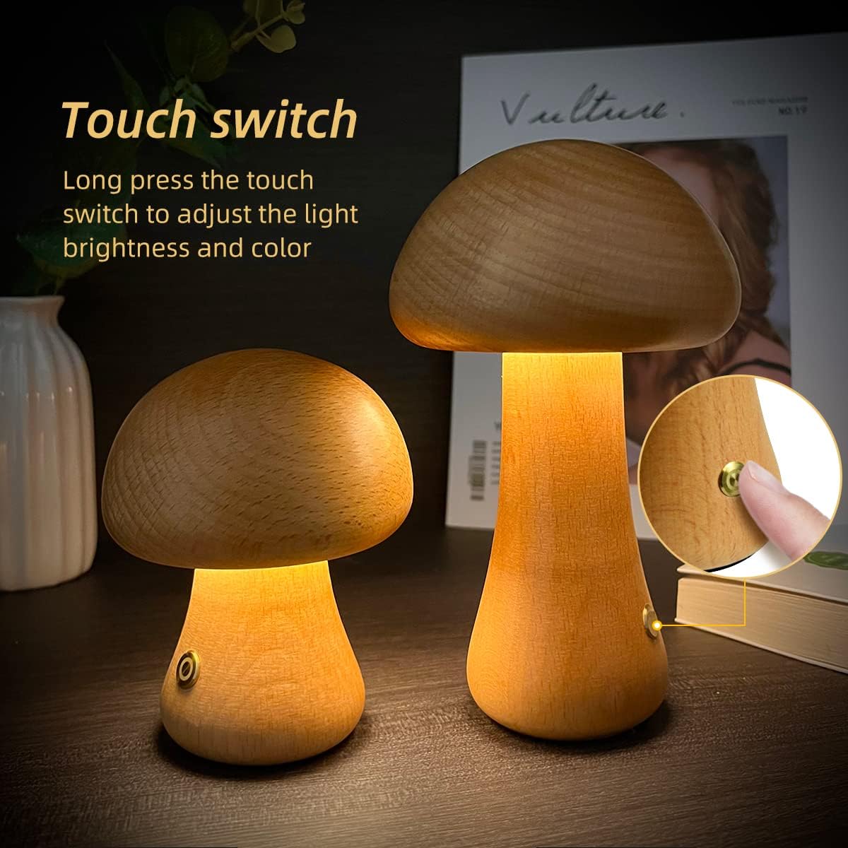 Wooden mushroom LED night light with touch control, three lamps glowing on tabletop