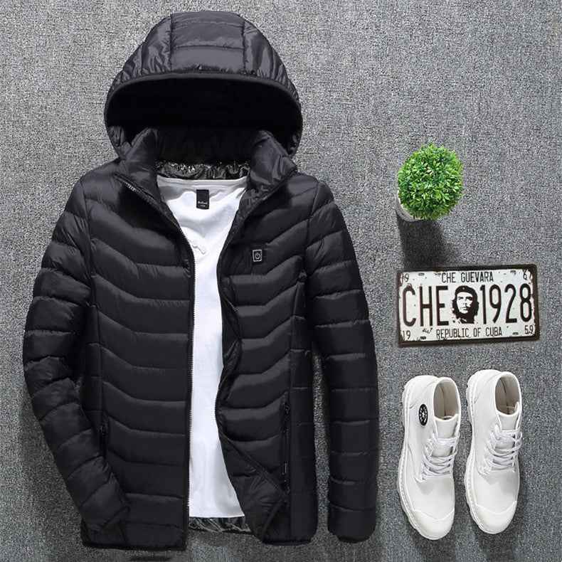 Black hooded zip-up puffer heated jacket with open front and white inner lining.