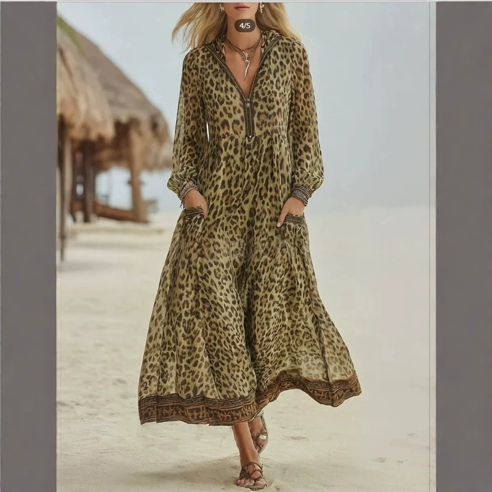 Khaki leopard-print hooded maxi dress with long balloon sleeves and tiered maxi hem