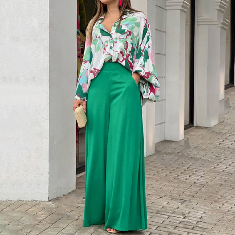 Printed shirt top and wide-leg pants set, green wide-leg pants